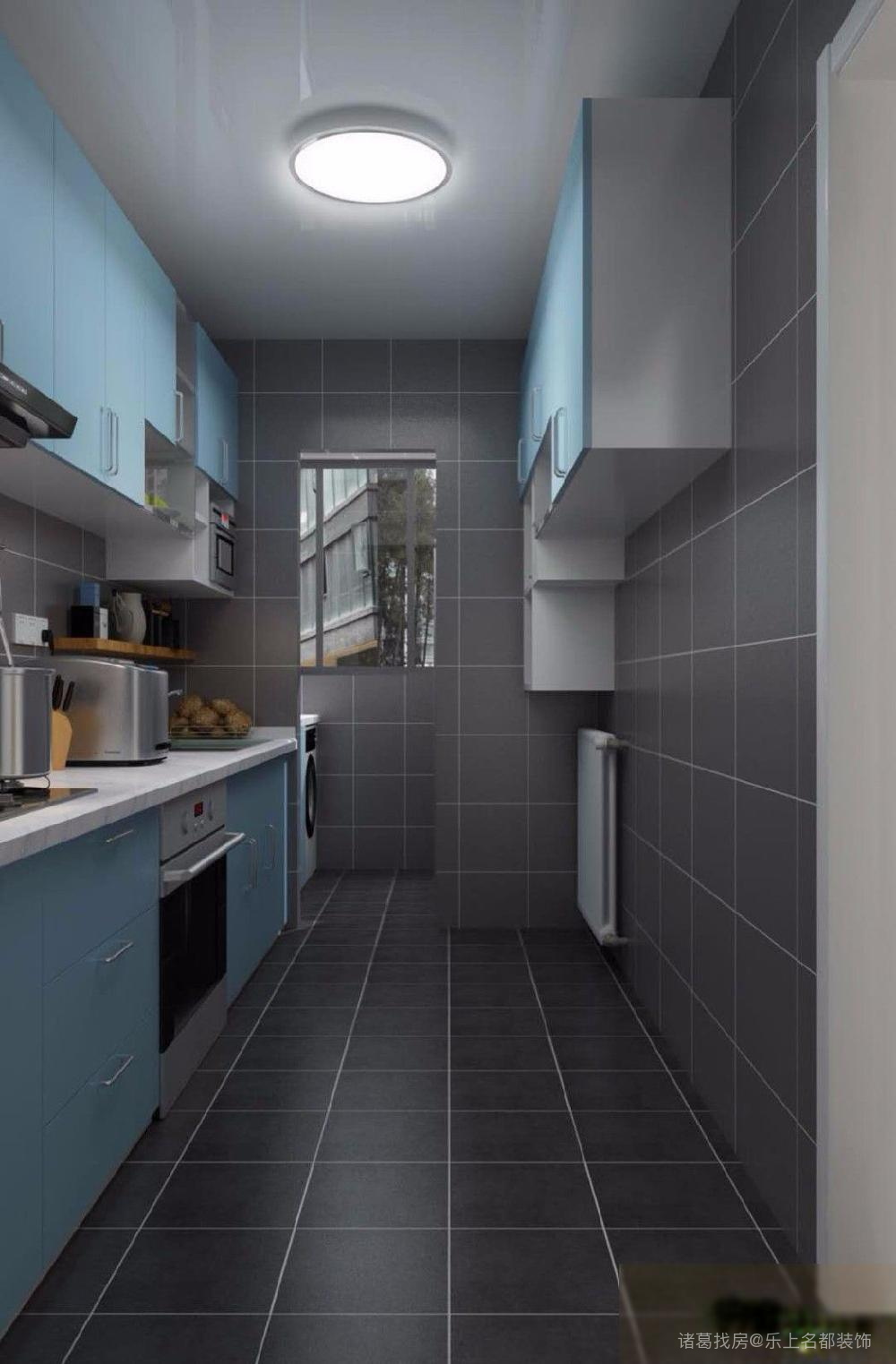 灰色墙地砖配天蓝色橱柜也别有一番风味