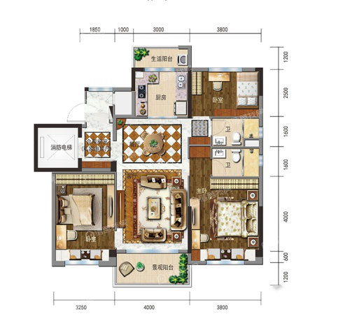 在售 3室2廳1衛 122.00㎡ 參考總價: 約120萬元/套 建築面積: 122.