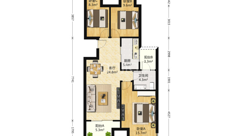 整租   整租·融创文化旅游城-溪湾雅苑一区 3室1厅 南